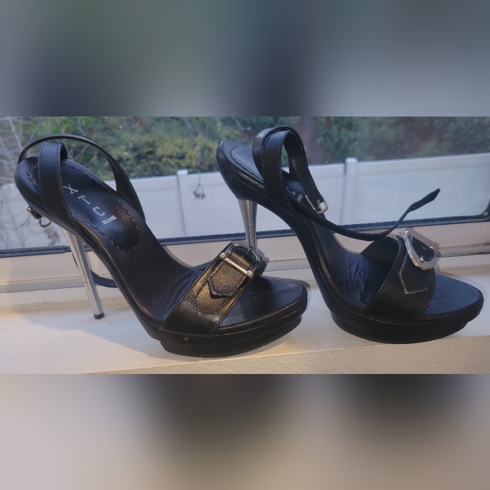 XTC Melrose Black Leather Ankle Strap Heels